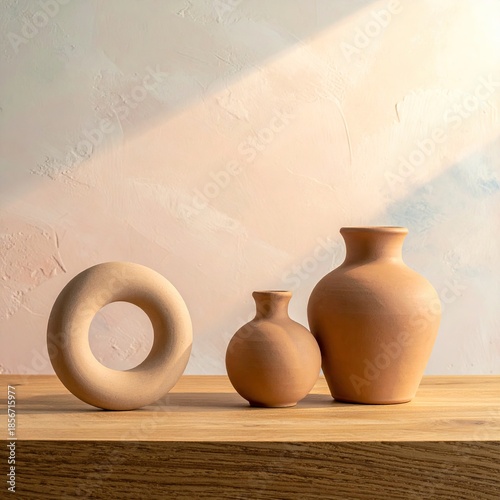 Terracotta vases and a ring sculpture on a light wood surface against a textured, pastel-toned wall, bathed in natural light