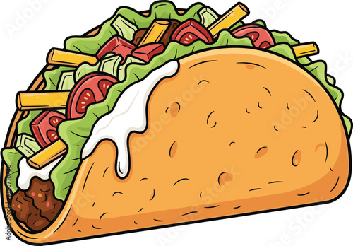 Cartoon taco with beef, lettuce, tomato, cheese, sour cream in crispy shell, vibrant Mexican food concept - flat vector illustrationCartoon taco with beef, lettuce, tomato, cheese