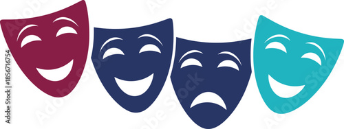 Cartoon theatrical mask set with happy and sad expressions, drama and emotion symbols - flat vector illustration