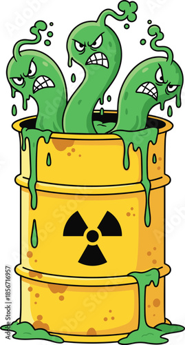 Toxic waste barrel with radioactive symbol, angry green slime monsters, cartoon danger concept, environmental hazard, flat vector illustration