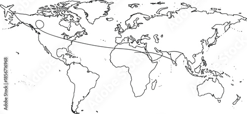 World map with curved flight path and airplane icon, global travel route concept - flat vector illustration