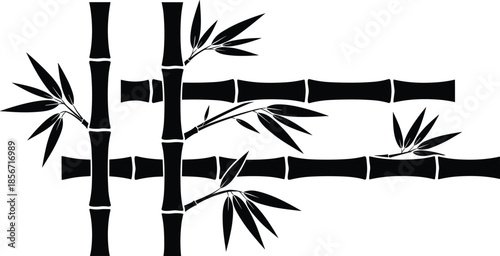 Black and white bamboo stalks and leaves in grid pattern, minimal nature design - flat vector illustration