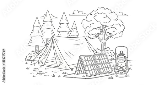 A serene outdoor camping scene featuring a tent, solar panel, and lantern, surrounded by trees and nature's beauty