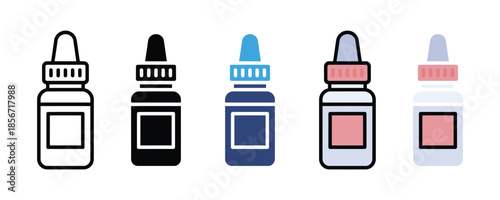 Collection of diverse dropper bottle icons in various styles for medical and cosmetic use isolated on white background, Vector illustration