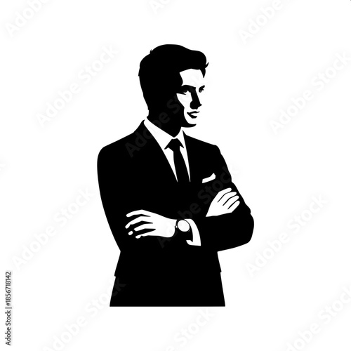 Minimalist black silhouette of a young businessman in a suit, side profile facing right, arms crossed, wearing a wristwatch, clean white background, strong contrast, modern logo style.