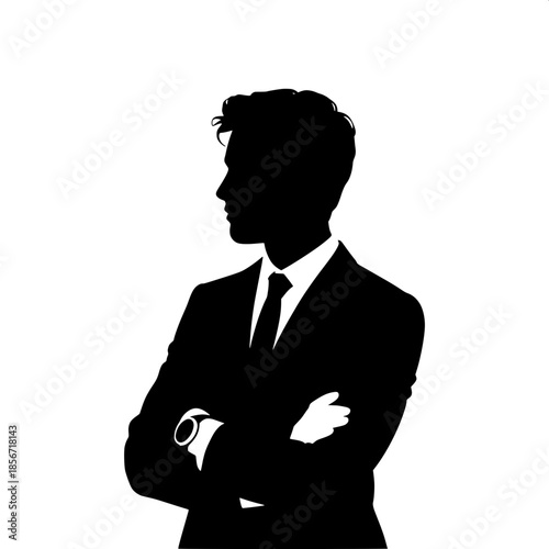 Minimalist black silhouette of a young businessman in a suit, side profile facing right, arms crossed, wearing a wristwatch, clean white background, strong contrast, modern logo style.