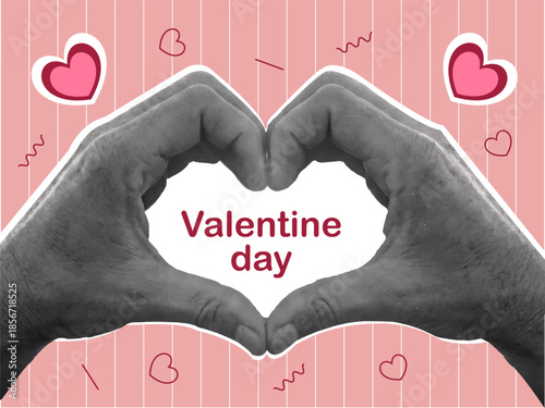 Valentine Day greeting card vector illustration design. Romantic design with halftone love hands, letters, lips and love expressions.