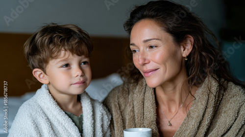 A tender moment between a mother and her child wrapped in cozy robes, sharing warmth and intimacy in a softly lit room, exemplifying love and connection.