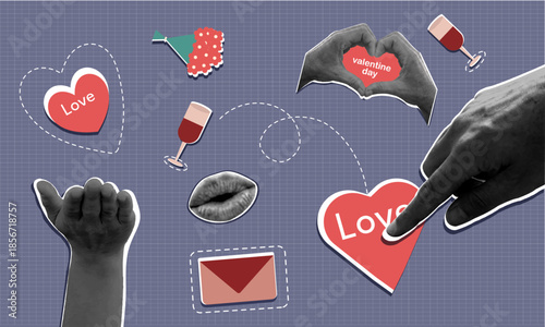 Valentine Day greeting card vector illustration design. Romantic design with halftone love hands, letters, lips and love expressions.