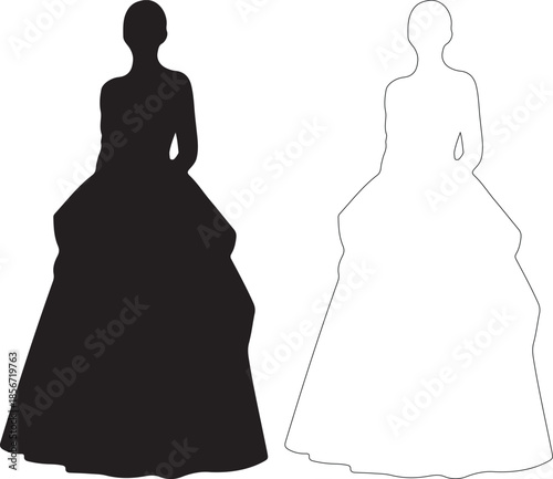 Elegant Woman Ball Gown Silhouette and Outline Vector Graphic isolated PNG with Transparent Background