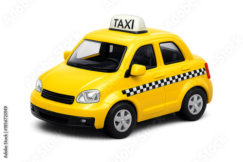 Cute yellow toy taxi cab isolated on white background