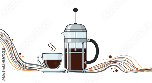 Glass french press coffee maker next to a steaming cup of hot coffee on a decorative background of flowing brown and gray lines.