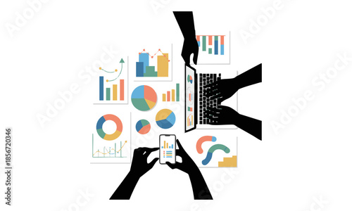 Startup pitch workspace with infographic charts and data visuals vector illustration, easily editable. 