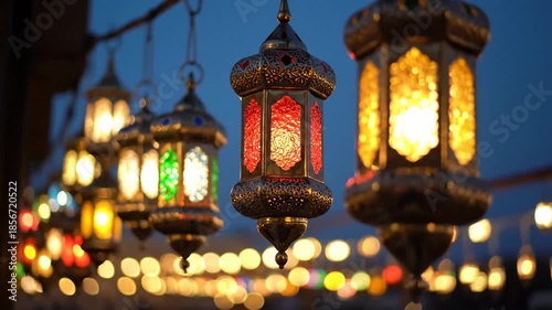 Ornate Arabic Lanterns Glowing With Warm Light At Dusk