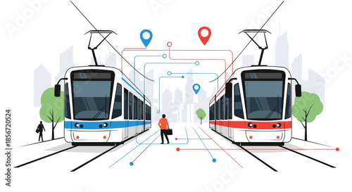 Urban transportation concept showing modern blue and red trams on tracks with location pins over a city skyline background.