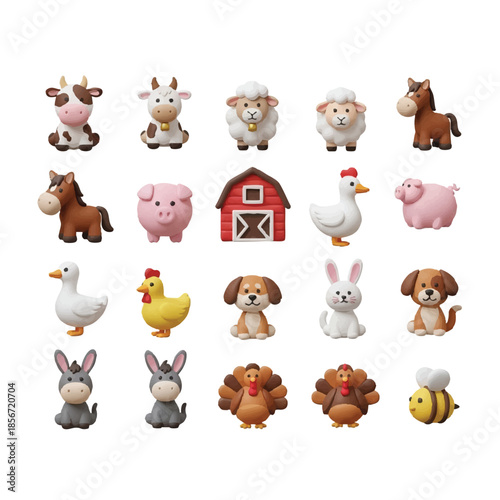 Farm animals and barn icons set