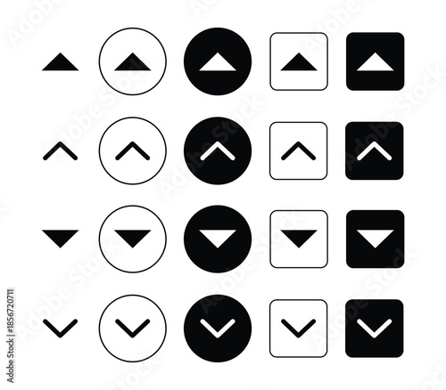 Collection of upward and downward pointing arrow icons isolated on white background, Vector illustration. Up and down navigation button set