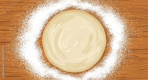 Round pizza or bread dough placed on a rustic wooden table surface surrounded by scattered white flour in a circular patterns.