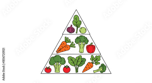 Healthy food pyramid composed of fresh vegetables including broccoli and carrots representing a balanced nutritional diet.
