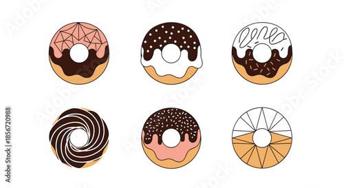 Set of six delicious assorted donuts with various chocolate and strawberry glazes and colorful sprinkle toppings.