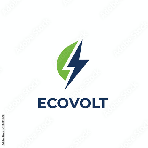 A clean eco-energy logo featuring a green leaf combined with a navy blue lightning bolt, representing sustainable power and renewable technology