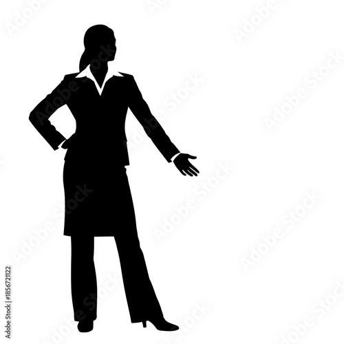Silhouette of a Confident Businesswoman Gesturing with Open Hand.