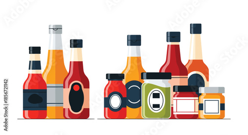 Collection of various bottles and jars containing different types of sauces, ketchup, mustard, and tasty seasonings.