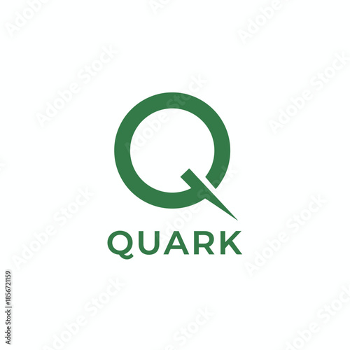 Minimalist green logo featuring a stylized letter Q with a sharp pointer and "QUARK" text, ideal for scientific research or tech branding