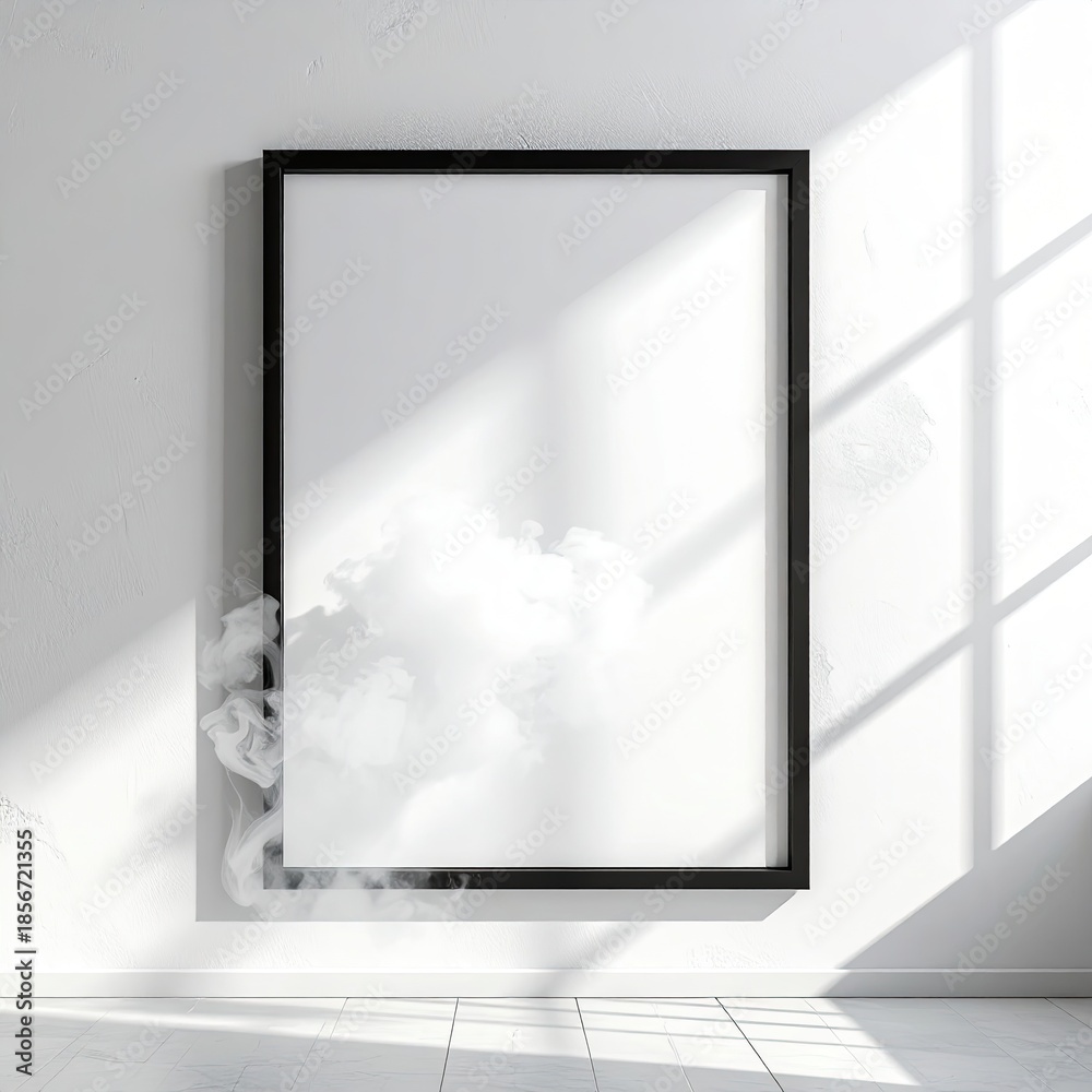 Fototapeta premium Empty black framed canvas, white smoke, sunlit room