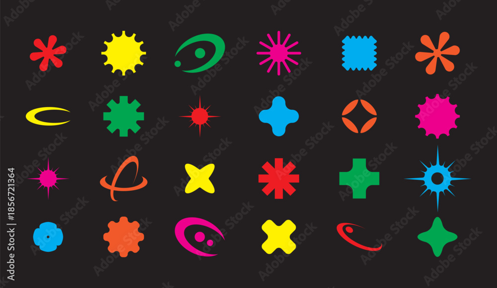Fototapeta premium Set of colorful abstract symbols and decorative shapes on a black background. Bright playful icons with starbursts, crosses, splashes, and swirl elements, perfect for graphic design, stickers.