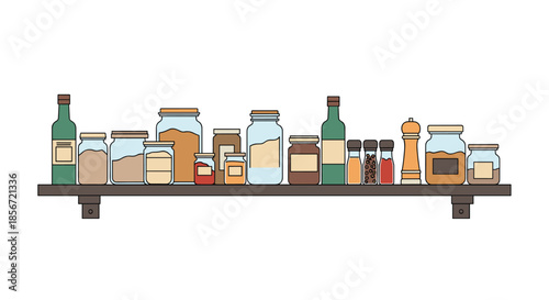 Organized wooden shelf in a pantry filled with numerous glass jars and bottles of various spices and seasonings.