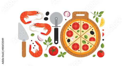 Flat lay illustration of a seafood pizza on a board surrounded by shrimp, tomatoes, onions, herbs, and cutting tools.