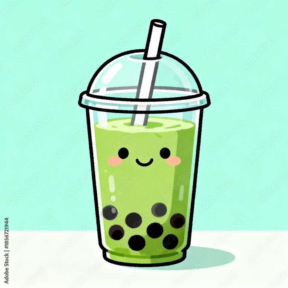 custom made wallpaper toronto digitalCute Matcha Boba Drink Kawaii Illustration