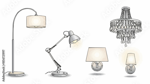 Illustration of various lamps and lighting fixtures, including floor lamps, table lamps, and chandeliers in a minimalist setting viewed from the front