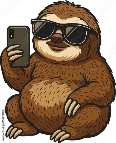 Cute Chubby Sloth Cartoon Vector with Sunglasses Taking Selfie.
A fun and cool chubby sloth cartoon character wearing black sunglasses. It is sitting down playfully and taking a selfie
