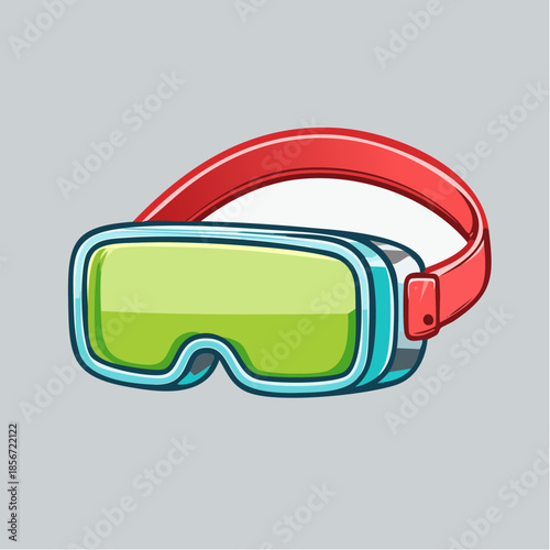 Cartoon illustration of virtual reality goggles with red strap and green lenses.