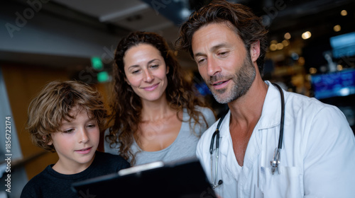 A doctor engages with a mother and her son, discussing important health information while reviewing a clipboard in a warm, inviting clinic environment.