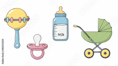 Illustration of baby items including a rattle, pacifier, bottle, and stroller