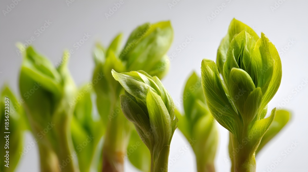 Fototapeta premium Close-Up of Fresh Green Leaves Budding on a Small Branch