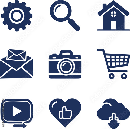 gear,magnifying glass,house,envelope,camera,shopping cart,video player,like button,cloud upload.eps