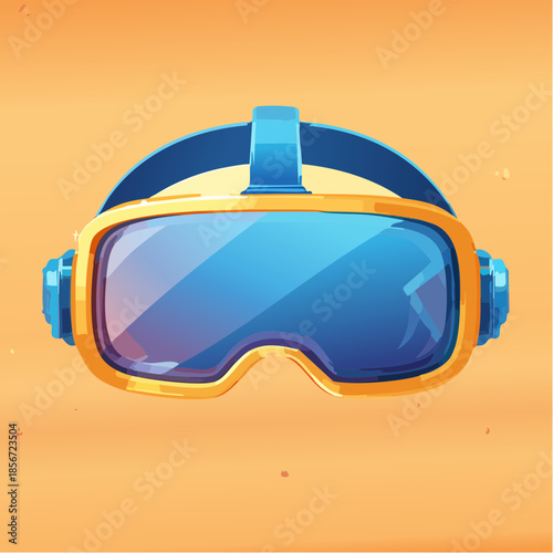 Cartoon illustration of a blue and yellow virtual reality headset on a tan background.