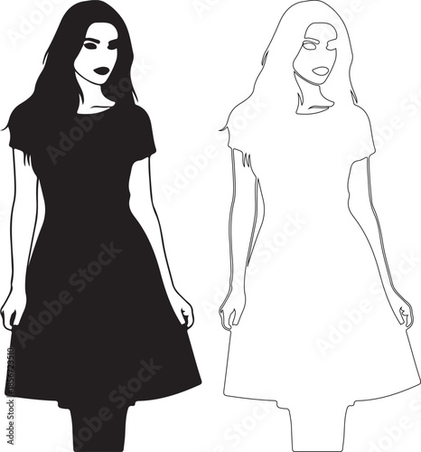 Two Minimalist Vector Illustrations of Women in Dresses, Black and White Outline isolated PNG with Transparent Background