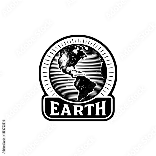Classic monochrome emblem design in a retro woodcut style, depicting the globe with continents, surrounded by a radiant circular border and an ornamental banner