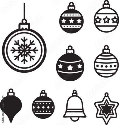 geometric ornaments, abstract Christmas ornaments, Christmas tree decorations, black and white minimalist holiday ornaments, simple line drawing of baubles, modern stylized Christmas balls,.eps