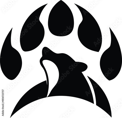 Stylized black bear head silhouette inside large paw print logo design vector illustration