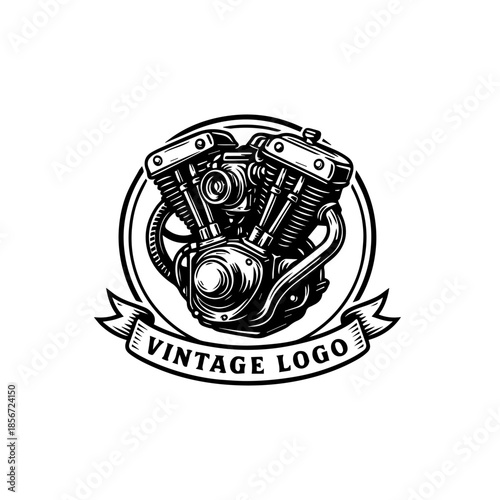 Intricate black and white graphic art depicting a powerful vintage motorcycle engine, ideal for classic automotive enthusiast branding and emblem creation