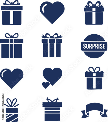 gift boxes, heart shapes, present icons, surprise tag, ribbon bows, silhouette graphics.eps