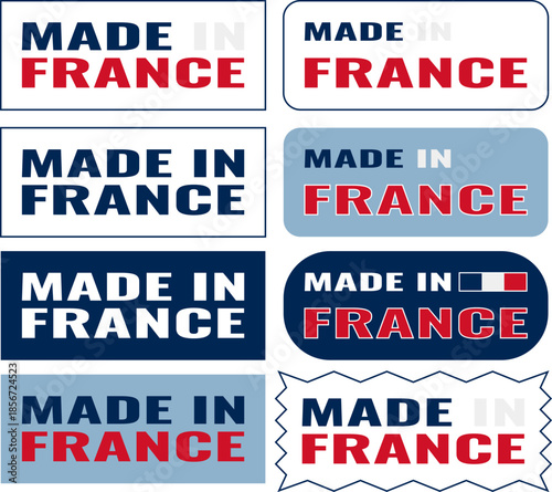 Collection of rectangular Made in France logo icons in different designs and styles