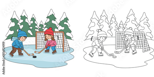 Happy children playing ice hockey on frozen pond, vector cartoon with black and white coloring book outline.