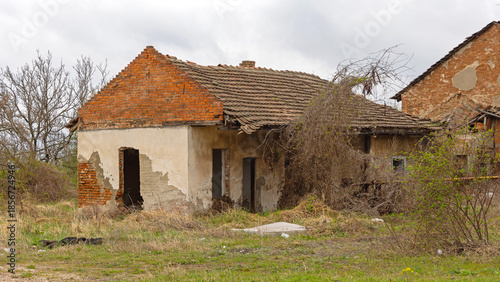 Ruins of Old House in Abandoned Village Rural Serbia Autumn Day